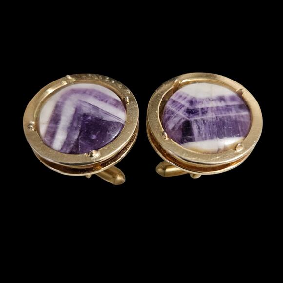 Swank Gold-Tone Cufflinks w/ Purple Quartz Gemstones – Vintage Round Design - Picture 1 of 5